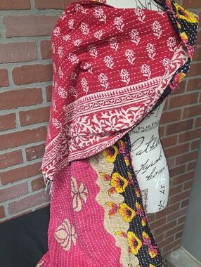 Handmade Kantha  Scarf in Red, Pink & Yellow Floral #146